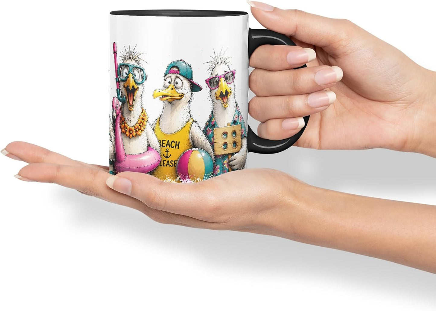 Vixar Beach Seagulls Mug – Funny Sea Bird Coloured Ceramic Mug Cup Gift, 11oz (Black)
