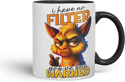 Vixar I Have No Filter You've Been Warned Funny Llama Mug – Coloured Ceramic Mug Cup Gift, 11oz (Black)