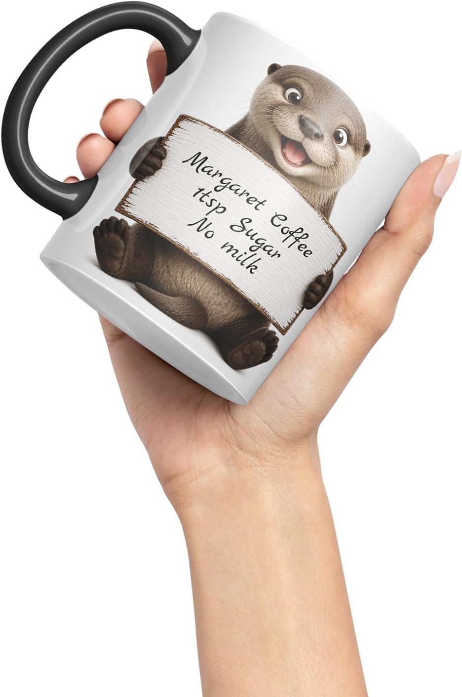 Vixar Personalised Otter Mug with Name or Custom Message – Cute Animal Coloured Ceramic Mug Cup Gift, 11oz (Black)