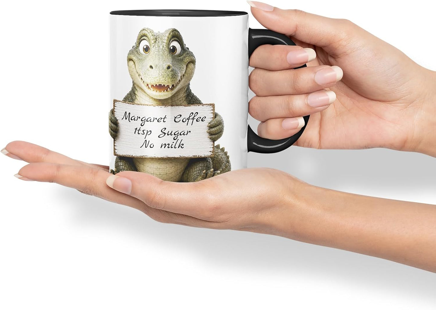 Vixar Personalised Crocodile Mug with Name or Custom Message – Cute Animal Coloured Ceramic Mug Cup Gift, 11oz (Black)