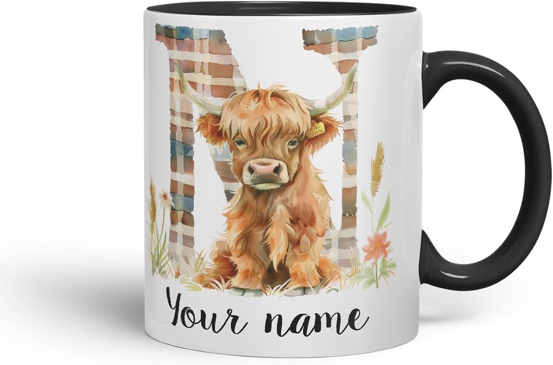 Vixar Personalised Highland Cow Initial Letter N Custom Name Mug – Coloured Ceramic Mug Cup Gift, 11oz (Black)
