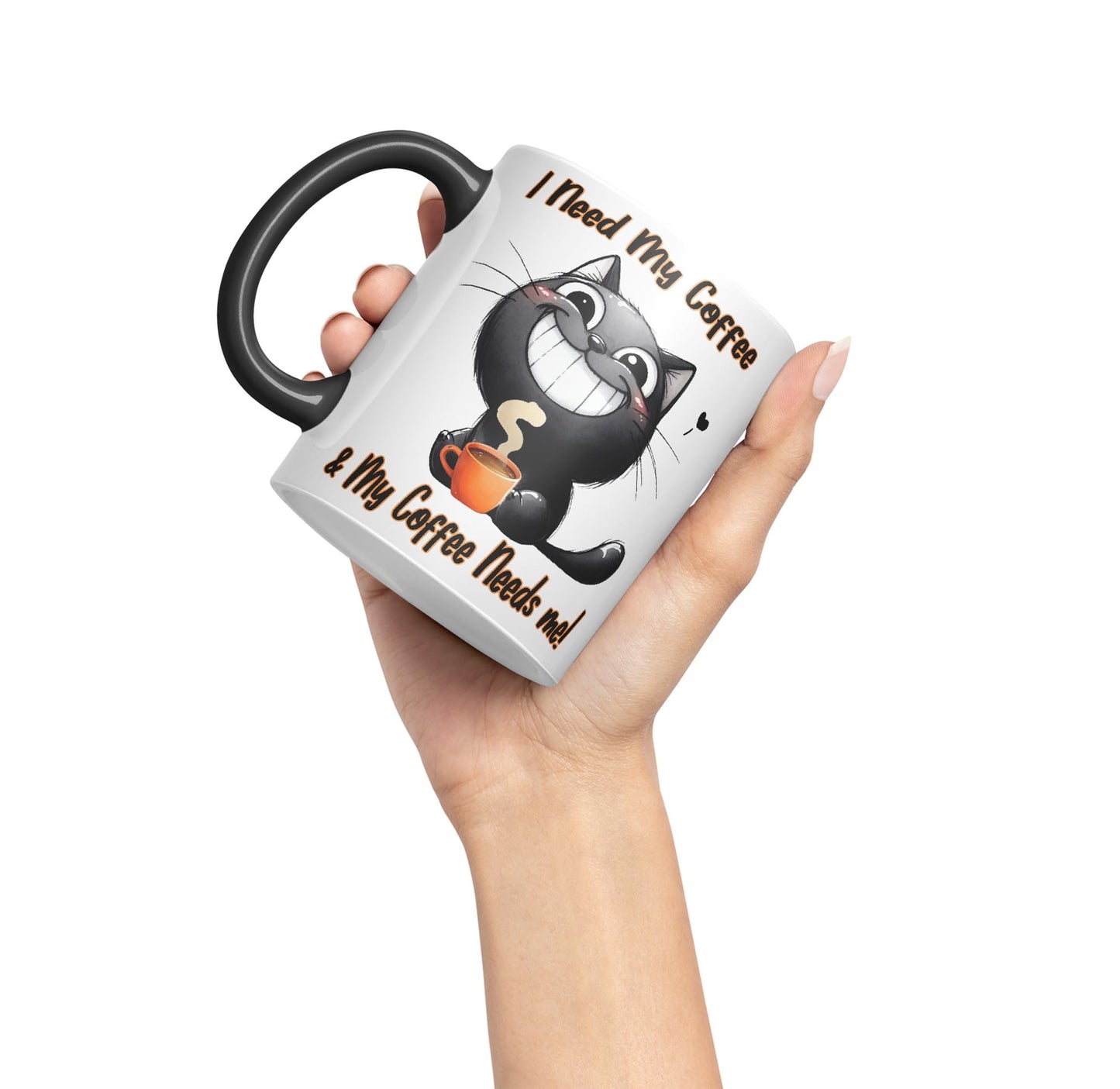 I Need My Coffee &My Coffee Needs Me! Cat Joke sarkasm Sarcastic Ceramic Coloured Mug Cup for Tea Coffee Hot Brew 330ml 11Oz Gift