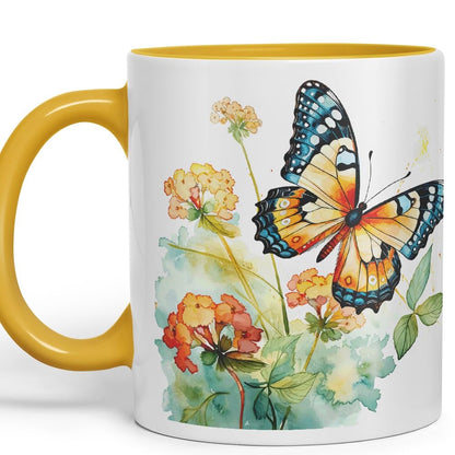 Vixar Ceramic Mug “Butterfly with Flowers” – Coloured Coffee & Tea Mug Cup 11oz 330ml (Dark Green)