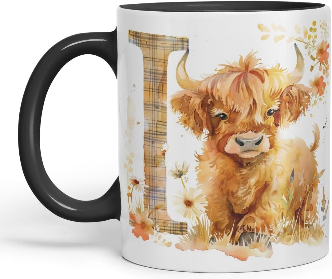 Vixar Highland Cow Alphabet Monogram Coloured Ceramic Cup Mug – Letter I – Rustic Farmhouse Animal Letter Gift – 11oz (Black)