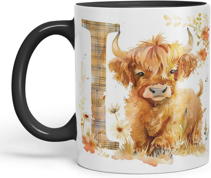 Vixar Highland Cow Alphabet Monogram Coloured Ceramic Cup Mug – Letter I – Rustic Farmhouse Animal Letter Gift – 11oz (Black)