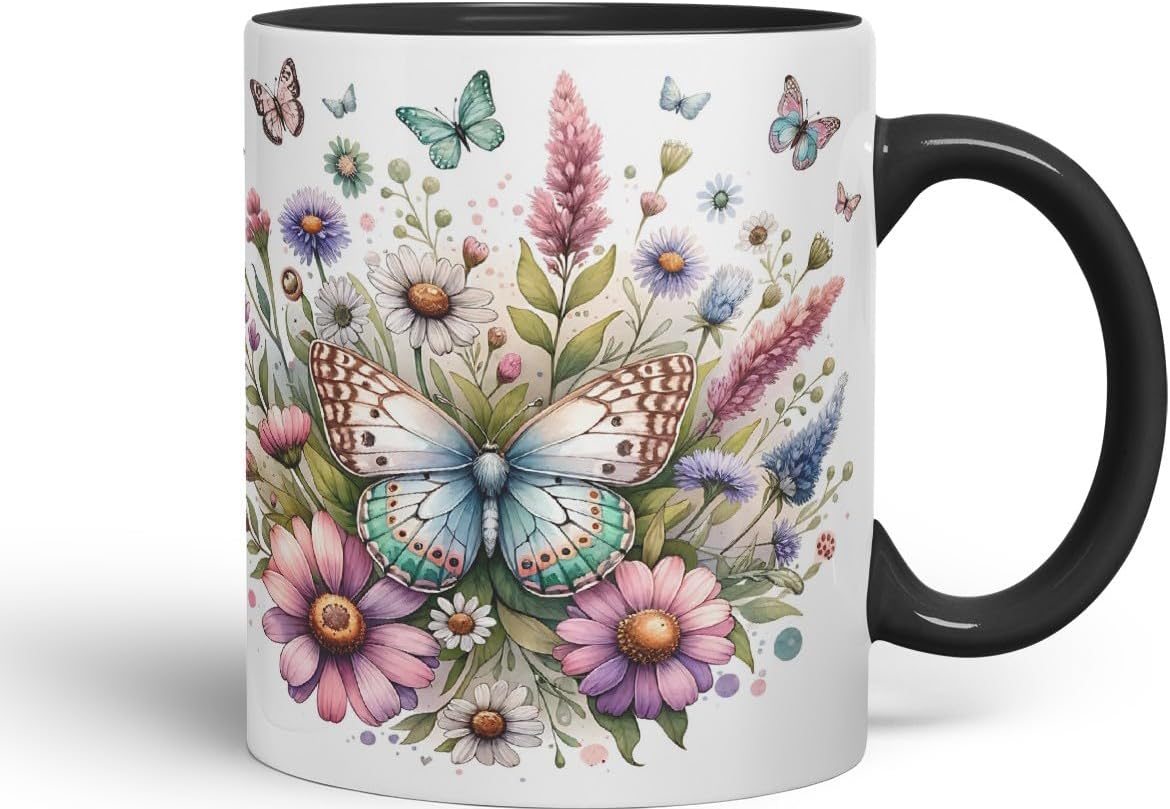 Vixar Butterflies and Wildflowers Coloured Mug Cup Floral Garden Nature Gift 11oz (Black)