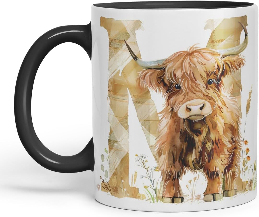 Vixar Highland Cow Alphabet Monogram Coloured Ceramic Cup Mug – Letter M – Rustic Farmhouse Animal Letter Gift – 11oz (Black)
