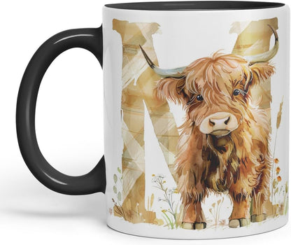 Vixar Highland Cow Alphabet Monogram Coloured Ceramic Cup Mug – Letter M – Rustic Farmhouse Animal Letter Gift – 11oz (Black)