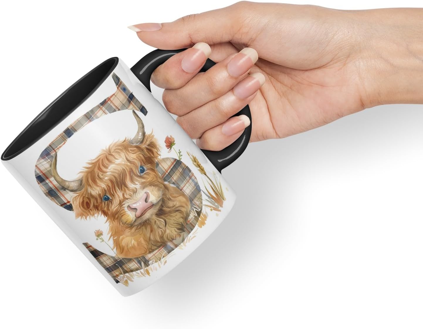 Vixar Highland Cow Alphabet Monogram Coloured Ceramic Cup Mug – Letter S – Rustic Farmhouse Animal Letter Gift – 11oz (Black)