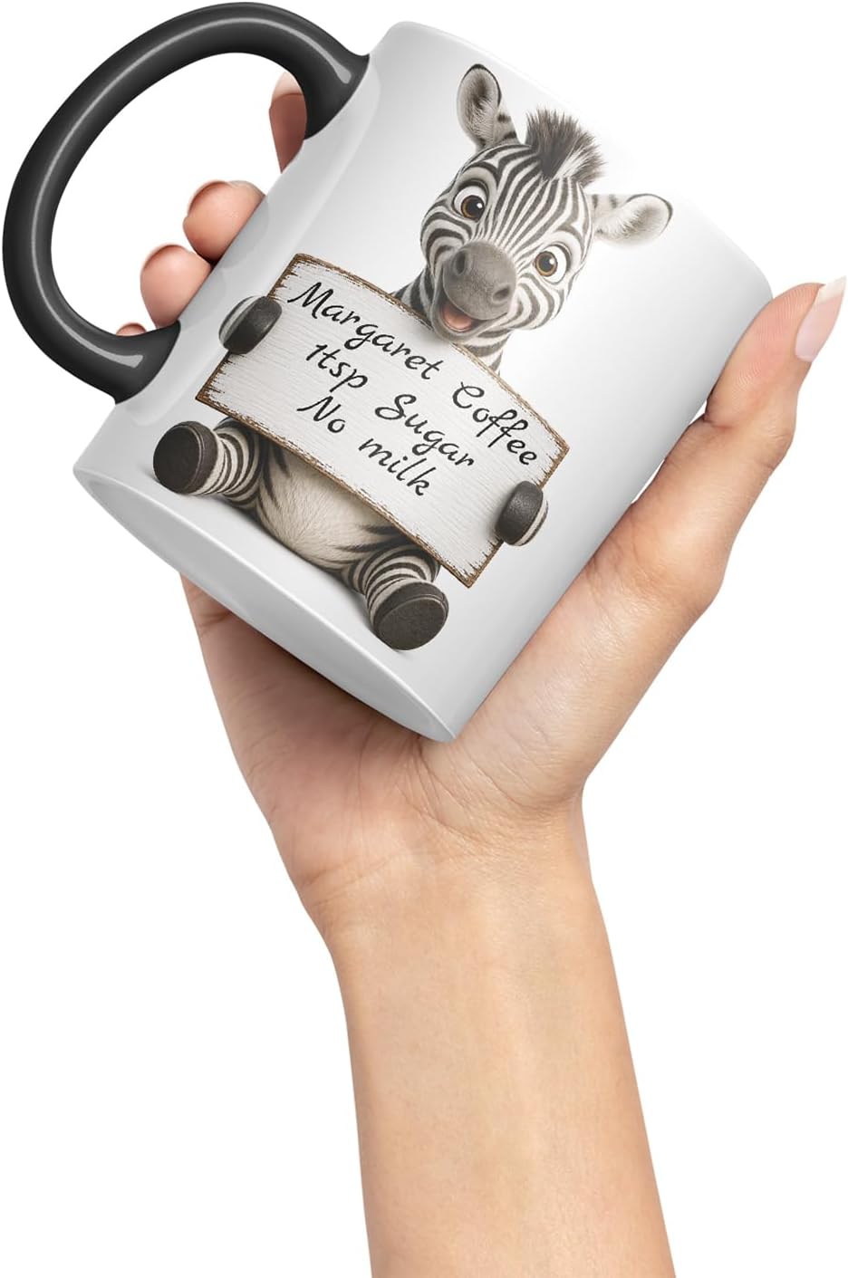 Vixar Personalised Zebra Mug with Name or Custom Message – Cute Animal Coloured Ceramic Mug Cup Gift, 11oz (Black)
