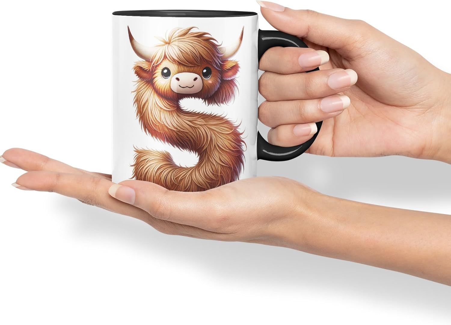 Highland Cow Alphabet Monogram Coloured Ceramic Cup Mug Letter S Rustic Farmhouse Animal Letter Gift V2 11oz (Black)
