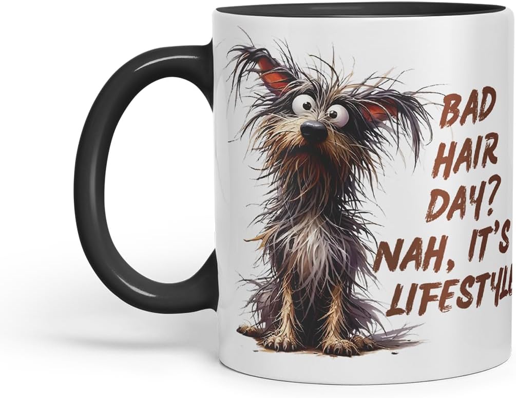 Vixar Bad Hair Day Nah It's A Lifestyle Funny Dog – Coloured Ceramic Mug Cup Gift, 11oz (Black)