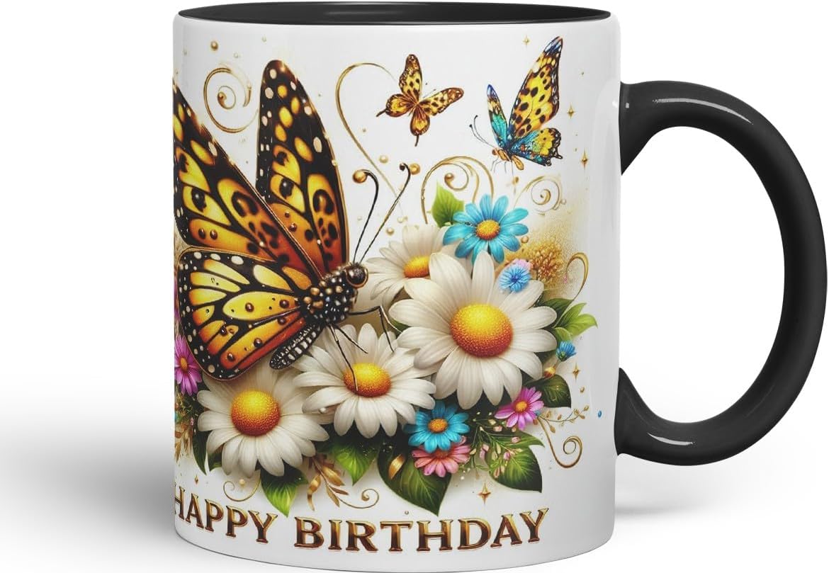 Vixar Happy Birthday Golden Butterfly Daisies Coloured Ceramic Mug Cup Gift 11oz V9 (Black)