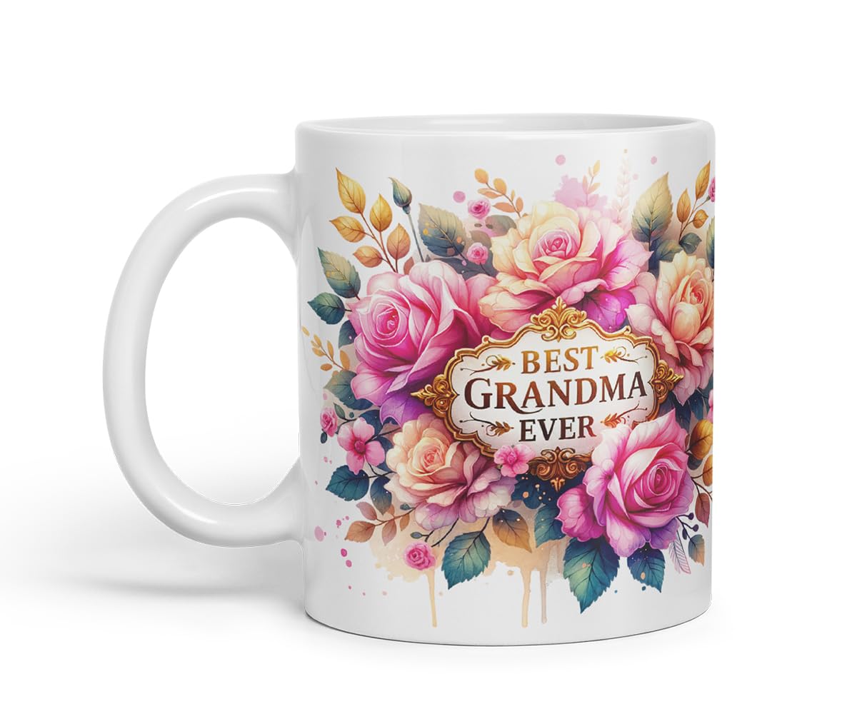 Vixar Best Grandma Ever Floral Mug – Coloured Ceramic Mug Cup Gift, 11oz (Black)