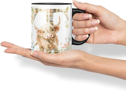 Vixar Highland Cow Alphabet Monogram Coloured Ceramic Cup Mug – Letter T – Rustic Farmhouse Animal Letter Gift – 11oz (Black)