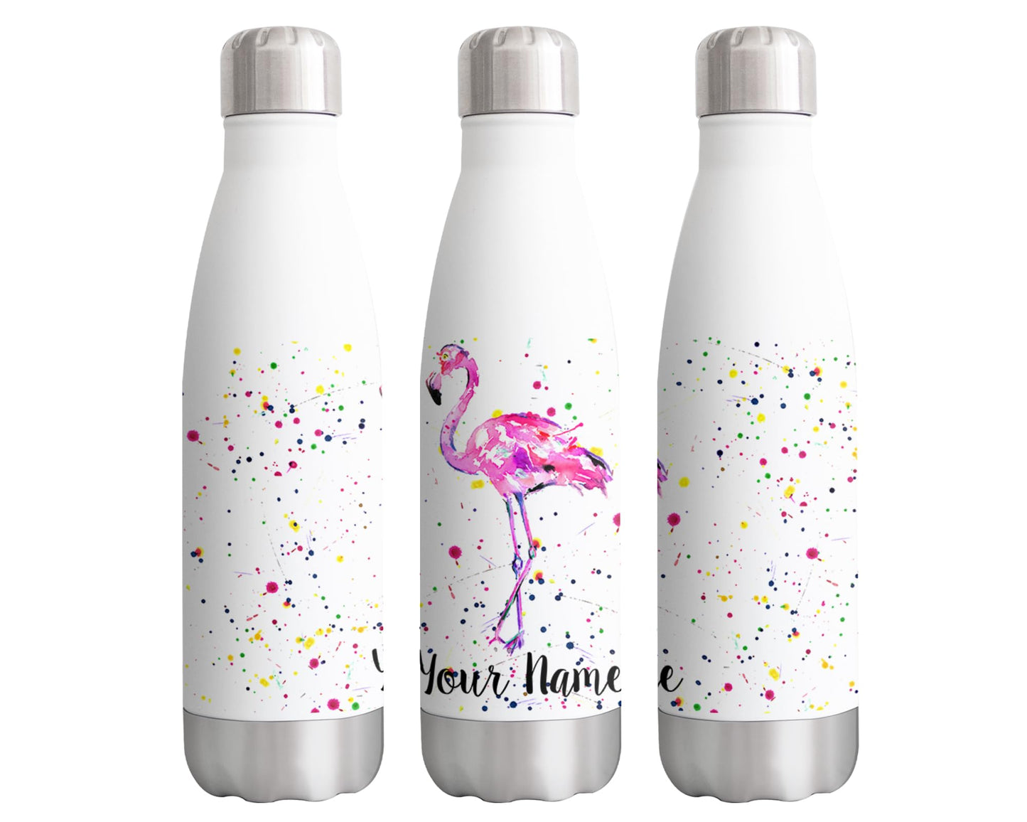 Vixar Flamingo Personalised Custom Bottle with your Text/name Bird animals Watercolour Bottle Double Wall Insulated Stainless Steel Sport Drinks 500ml