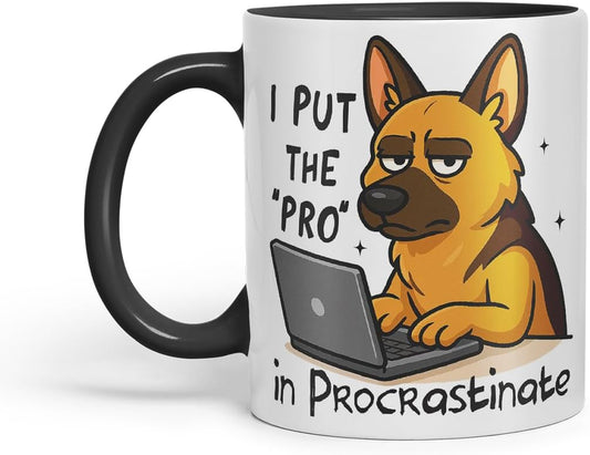 Vixar I Put The Pro in Procrastinate German Shepherd Dog Mug – Coloured Ceramic Mug Cup Gift, 11oz (Black)