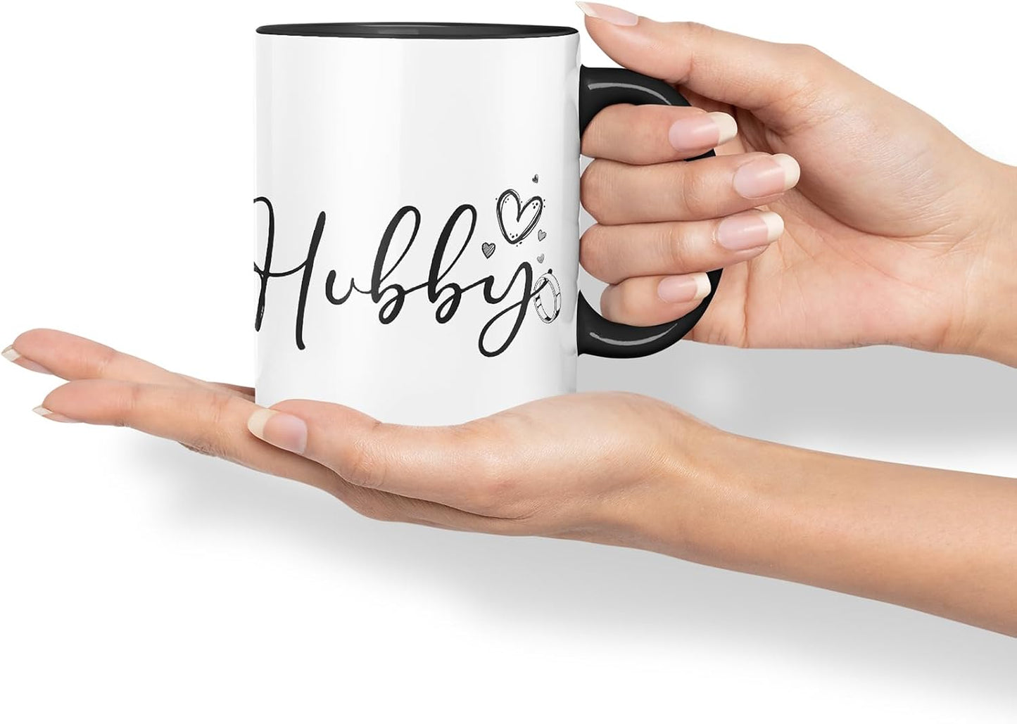 Vixar Hubby Script Wedding Ring Couple Mug – Coloured Ceramic Mug Cup Gift, 11oz (Black)