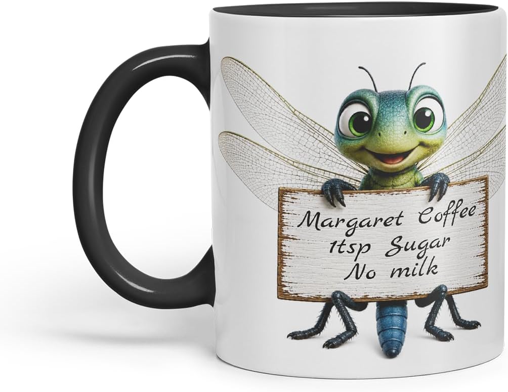 Vixar Personalised Dragonfly Mug with Name or Custom Message – Cute Animal Coloured Ceramic Mug Cup Gift, 11oz (Black)