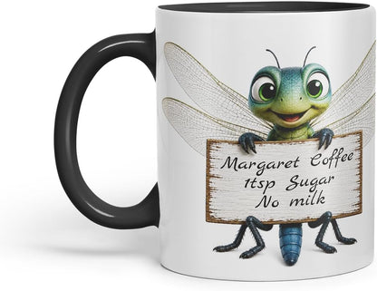 Vixar Personalised Dragonfly Mug with Name or Custom Message – Cute Animal Coloured Ceramic Mug Cup Gift, 11oz (Black)