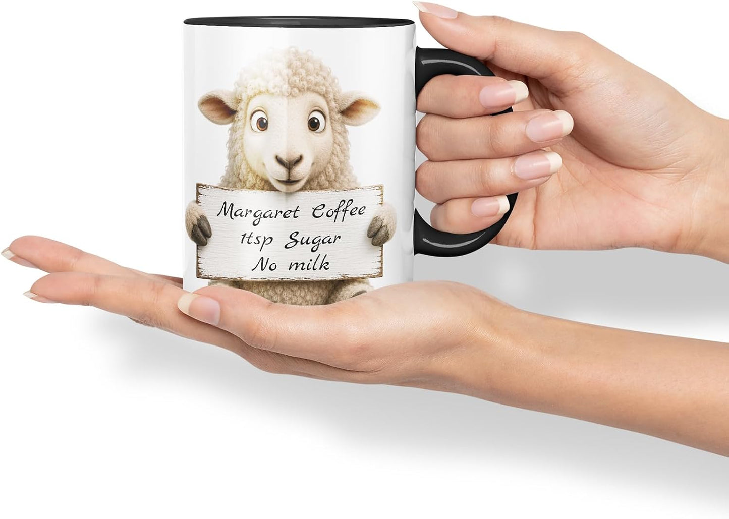 Vixar Personalised Sheep Mug with Name or Custom Message – Cute Animal Coloured Ceramic Mug Cup Gift, 11oz (Black)