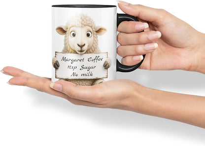 Vixar Personalised Sheep Mug with Name or Custom Message – Cute Animal Coloured Ceramic Mug Cup Gift, 11oz (Black)