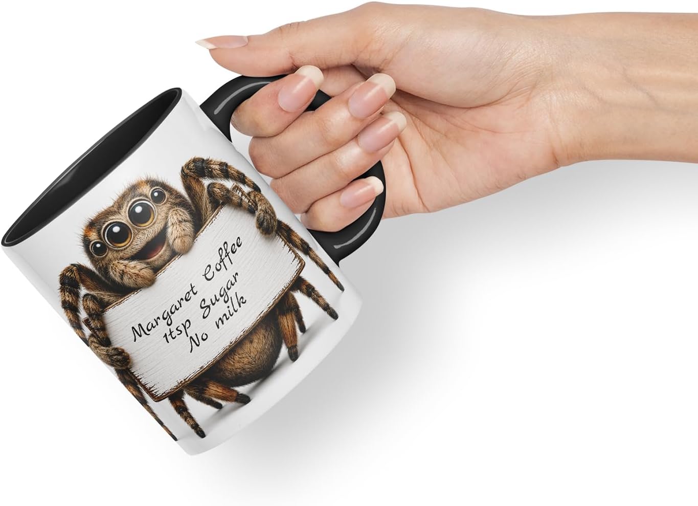 Vixar Personalised Spider Mug with Name or Custom Message – Cute Animal Coloured Ceramic Mug Cup Gift, 11oz (Black)
