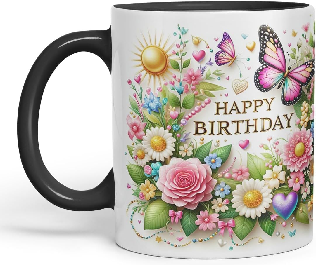 Vixar Happy Birthday Sun Roses Butterflies Coloured Ceramic Mug Cup Gift 11oz V14 (Black)
