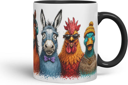 Vixar Funny Farm Animals Mug – Cute Farm Animal Coloured Ceramic Mug Cup Gift, 11oz (Black)