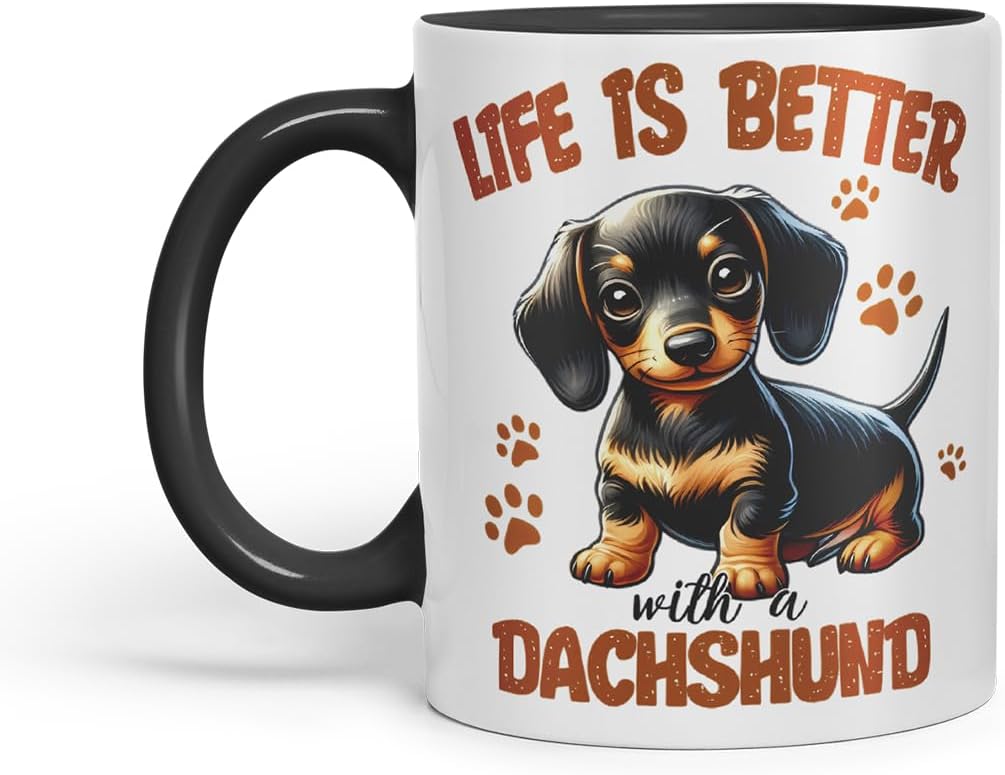 Vixar Life is Better with A Dachshund Dog Mug – Coloured Ceramic Mug Cup Gift, 11oz (Black)