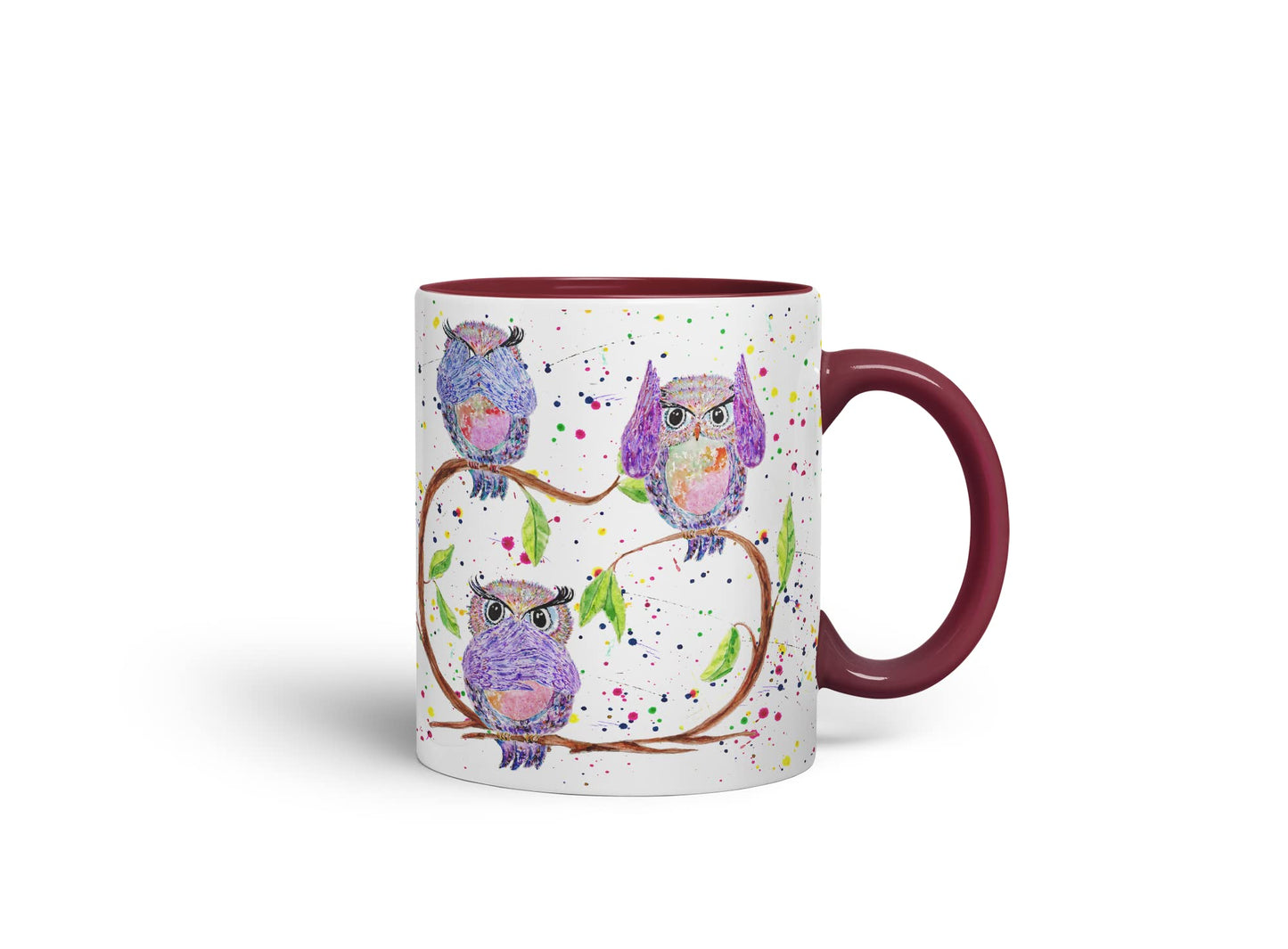 Vixar Owl Owls See Hear Speak no Evil Bird Animals Watercolour Art Coloured Mug Cup Gift Birthday Work Office Tea Coffee