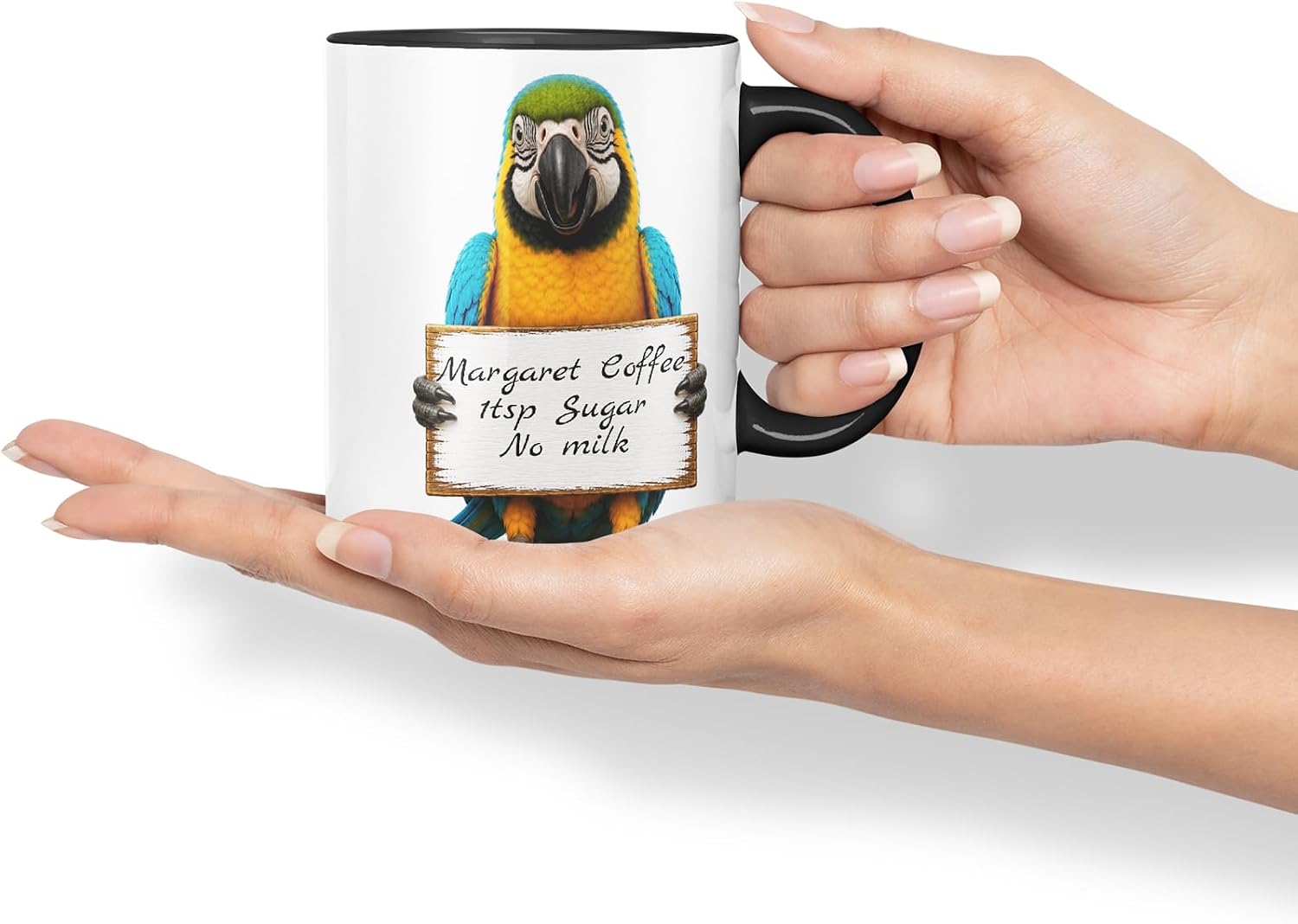 Vixar Personalised Parrot Mug with Name or Custom Message – Cute Animal Coloured Ceramic Mug Cup Gift, 11oz (Black)