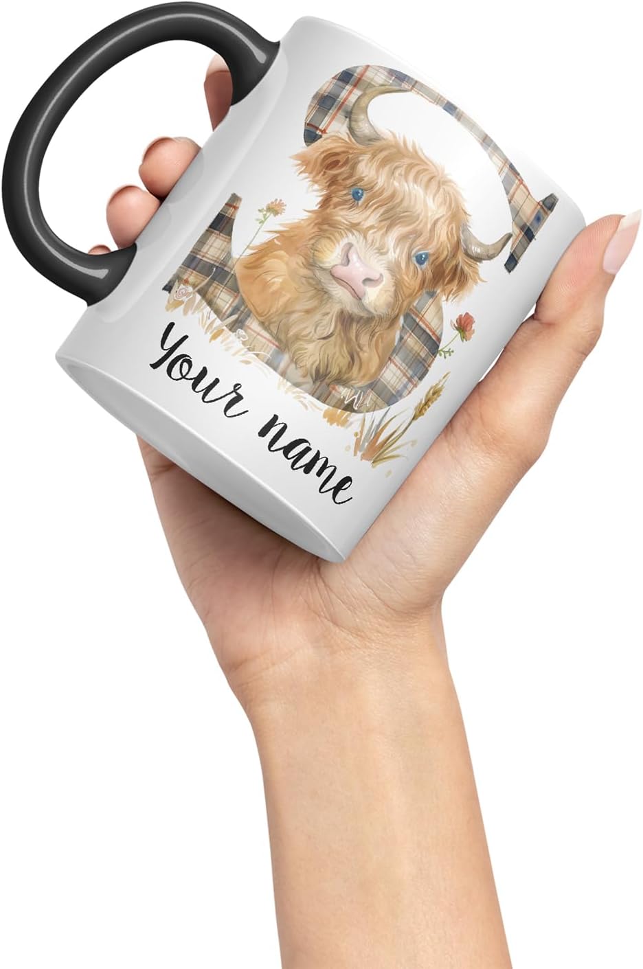 Vixar Personalised Highland Cow Initial Letter S Custom Name Mug – Coloured Ceramic Mug Cup Gift, 11oz (Black)