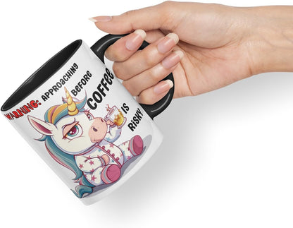 Vixar Warning Unicorn Coffee Mug – Approaching Before Coffee is Risky – Coloured Ceramic Mug Cup Gift, 11oz (Black)