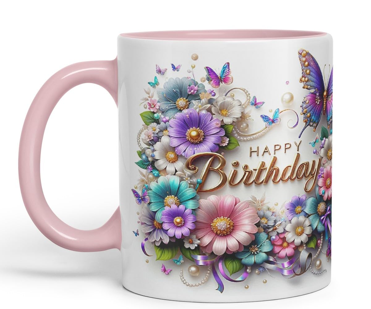 Vixar Happy Birthday Floral Wreath Butterflies Coloured Ceramic Mug Cup Gift 11oz V13 (Black)