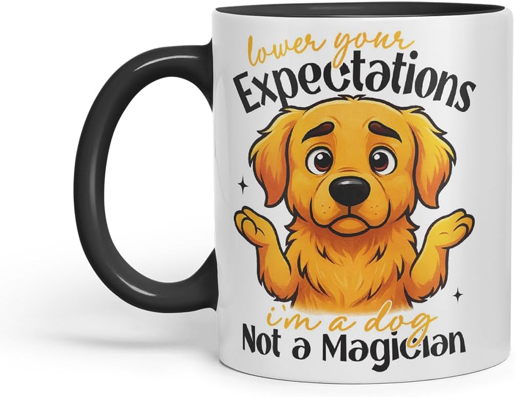 Vixar Lower Your Expectations I'm A Dog, Not A Magician Golden Retriever Dog Mug – Coloured Ceramic Mug Cup Gift, 11oz (Black)