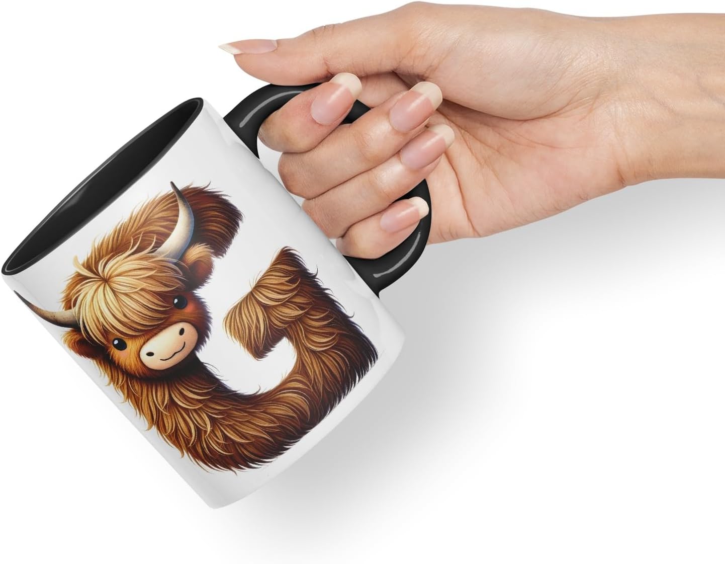 Highland Cow Alphabet Monogram Coloured Ceramic Cup Mug Letter G Rustic Farmhouse Animal Letter Gift V2 11oz (Black)