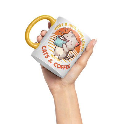 Just a Girl Who Loves Cats & Coffee, cat Sarcastic Joke Ceramic Coloured Mug Cup for Tea Coffee Hot Brew 330ml 11Oz