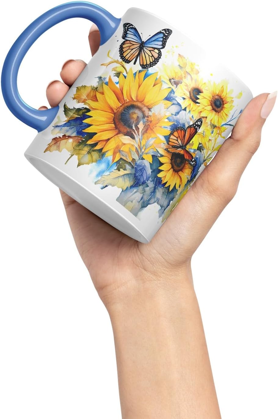 Vixar Ceramic Mug “Sunflower & Butterfly” – Coloured Coffee & Tea Mug Cup 11oz 330ml (Cambridge Blue)