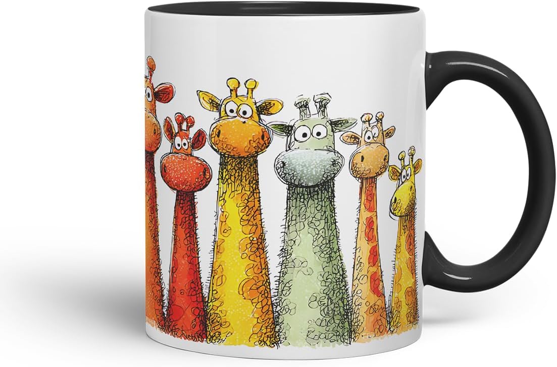 Vixar Funny Colourful Giraffe Friends Design – Cute Giraffe Character Mug for Wildlife & Animal Lovers, Coloured Mug Cup Gift, 11oz (Black)