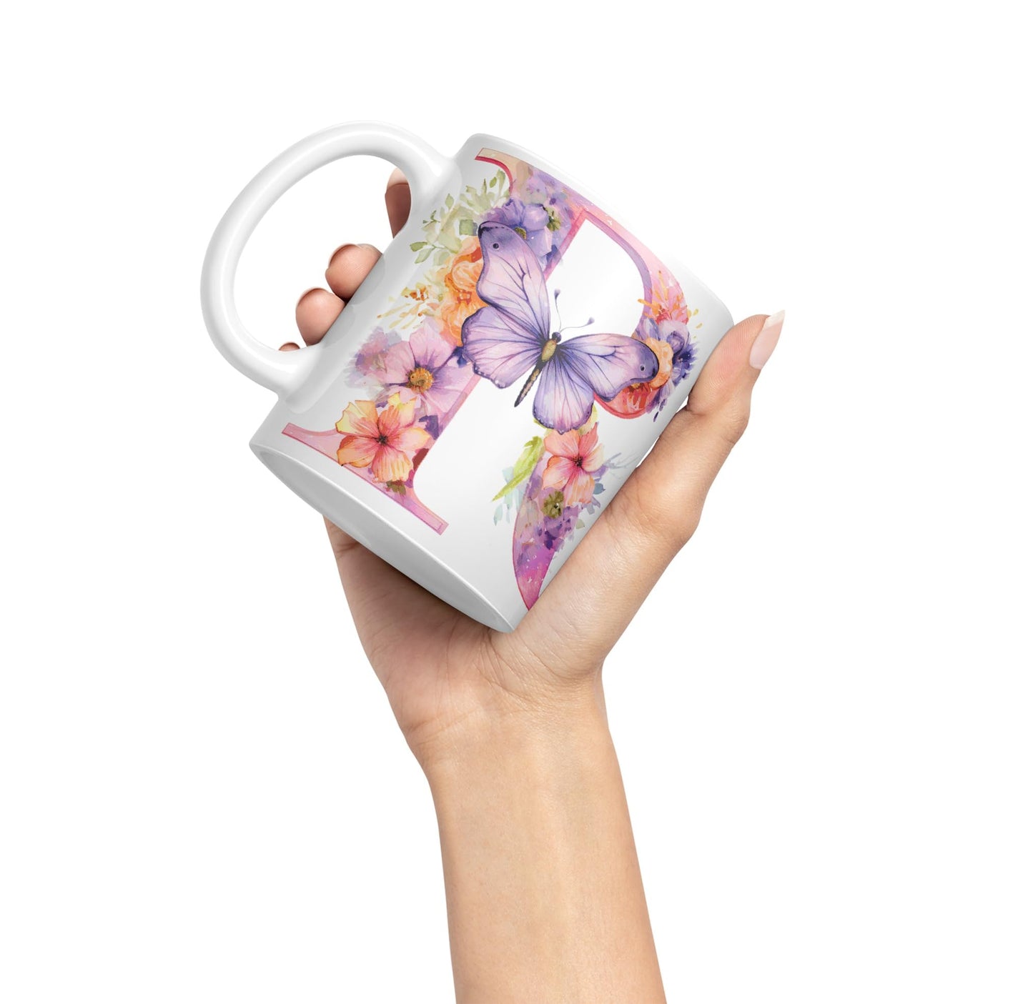 Letter R mug, Floral flowers butterfly Alphabet Letter R Monogram watercolour Ceramic Coloured Mug Cup for Tea Coffee Hot brew 330ml 11Oz Gift