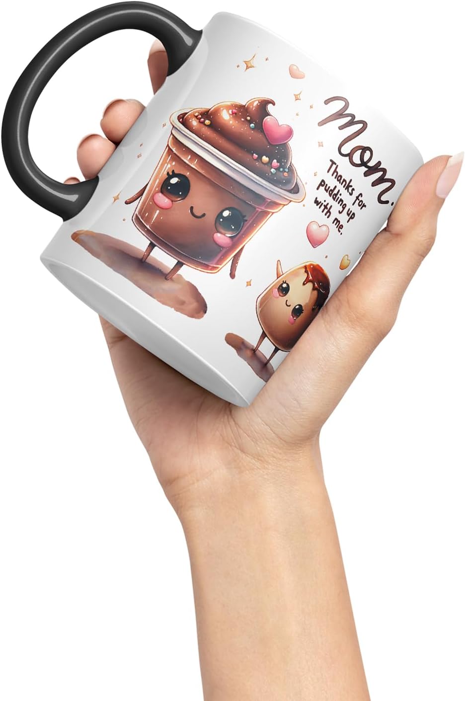 Vixar Mom Thanks for Pudding Up with Me Funny Pudding Mug Mother Mum – Coloured Ceramic Mug Cup Gift, 11oz (Black)