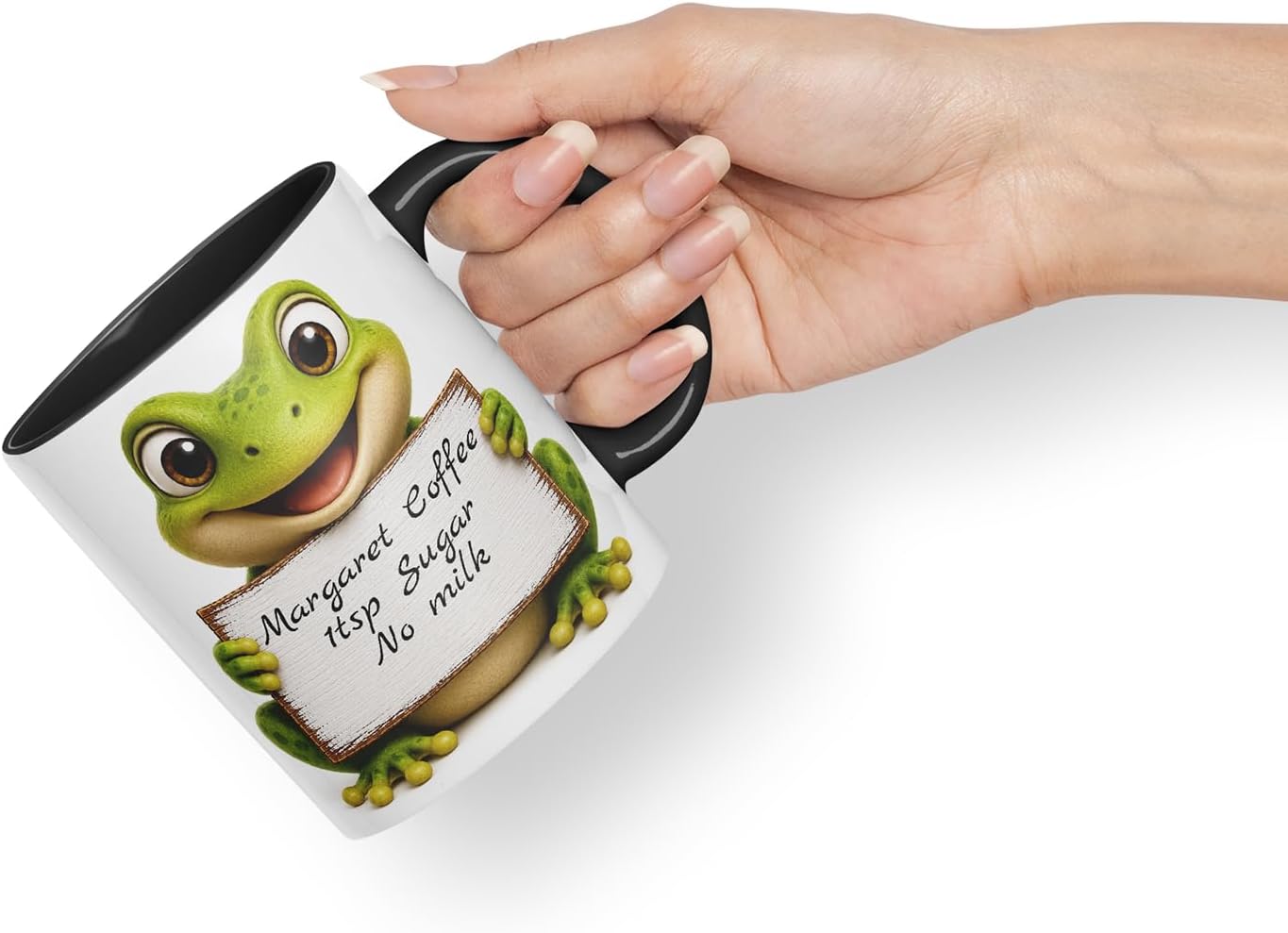 Vixar Personalised Frog Mug with Name or Custom Message – Cute Animal Coloured Ceramic Mug Cup Gift, 11oz (Black)