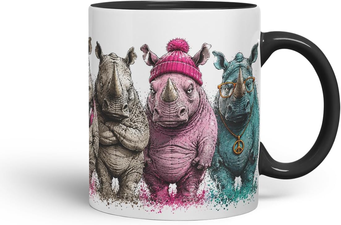 Vixar Rhino Mug – Cute Rhino Coloured Ceramic Mug Cup Gift, 11oz (Black)