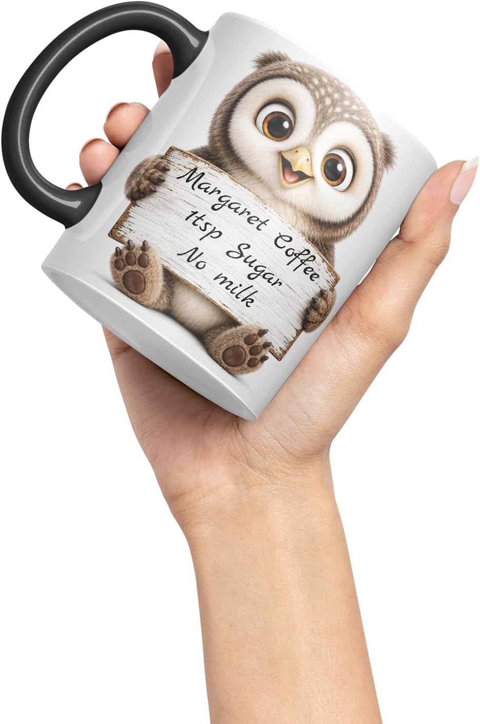 Vixar Personalised Owl Mug with Name or Custom Message – Cute Animal Coloured Ceramic Mug Cup Gift, 11oz (Black)