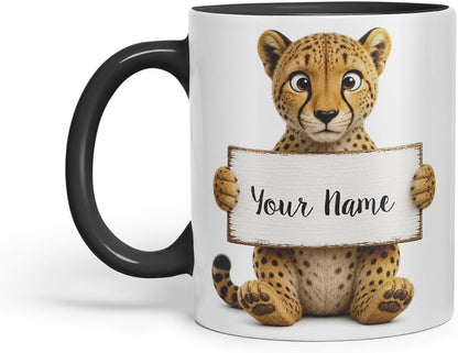 Vixar Personalised Cheetah Mug with Name or Custom Message – Cute Animal Coloured Ceramic Mug Cup Gift, 11oz (Black)
