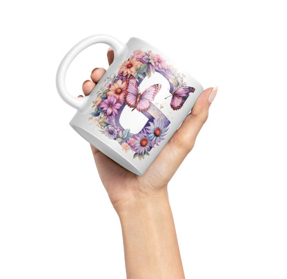 Letter G mug, Floral flowers butterfly Alphabet Letter G Monogram watercolour Ceramic Coloured Mug Cup for Tea Coffee Hot brew 330ml 11Oz Gift