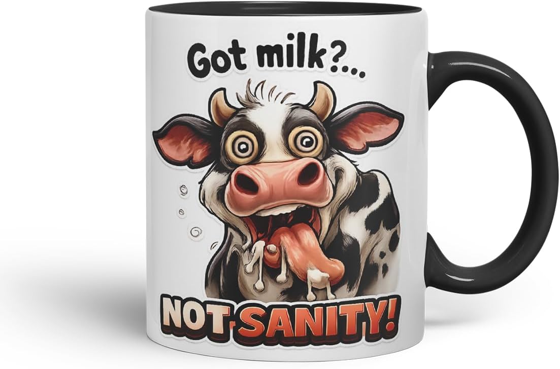 Vixar Got Milk Not Sanity Cow Coloured Ceramic Mug Cup Gift, 11oz (Black)