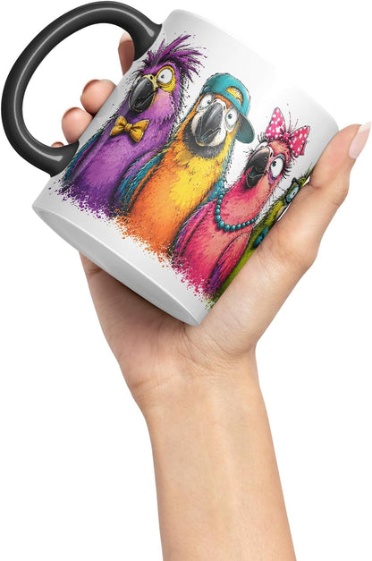 Vixar Parrots Mug – Colourful Bird Lover Coloured Ceramic Mug Cup Gift, 11oz (Black)