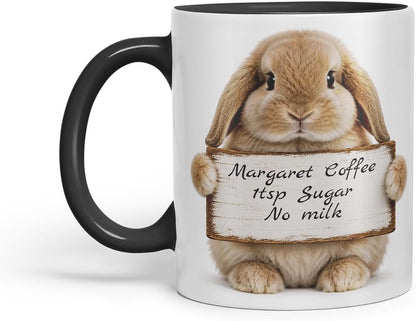 Vixar Personalised Lop Rabbit Mug with Name or Custom Message – Cute Animal Coloured Ceramic Mug Cup Gift, 11oz (Black)